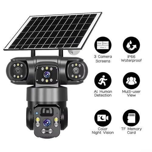 Security Cctv Camera Powered By Solar Energy With 3 Lenses And 3 Screens Connects With Phone By Sim Card Has Lights And Alarm Settings