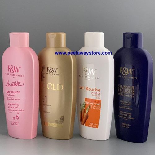 Fair And White Paris So White Brightening Shower Gel, Gold Ultimate Shower Gel, Exclusive Whitenizer Shower Gel, And Carrot Shower Gel
