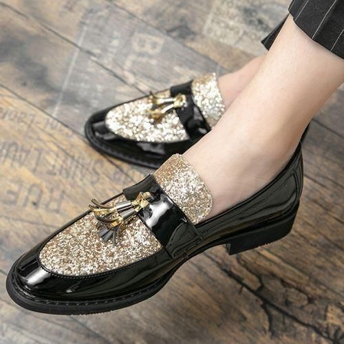 Banagat Men Glossy Tassel Shoes Loafers Slip On Formal Corporate Gold Black