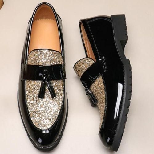Banagat Men Glossy Tassel Shoes Loafers Slip On Formal Corporate Gold Black