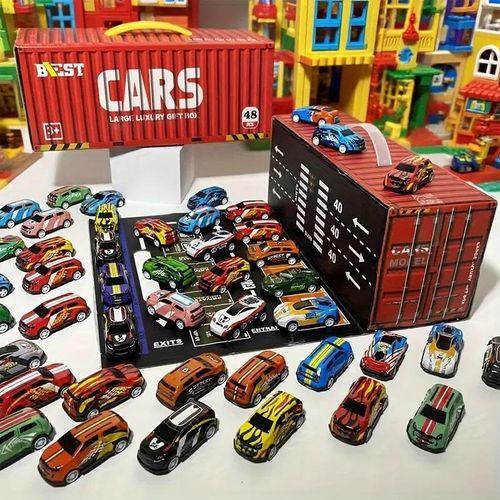 General Collector's Edition Gift Set of 48 Simulated Racing Cars. Includes a map, parking lot, and four-level track. Interactive toys